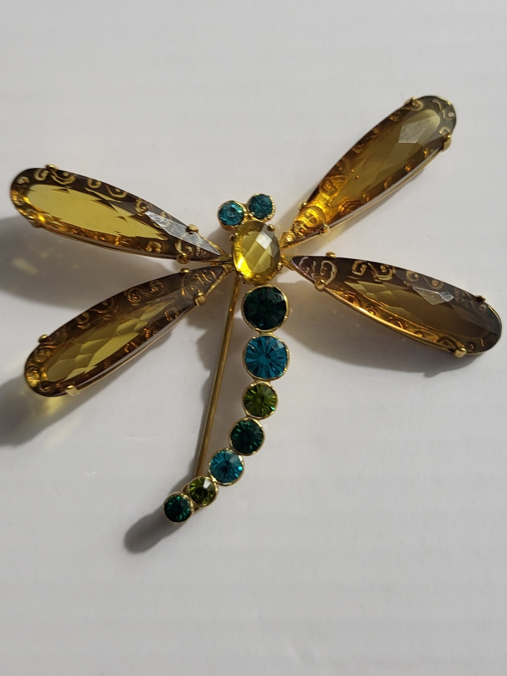 Vintage Gold-Tone Dragonfly Brooch with Yellow and Teal  Lucite